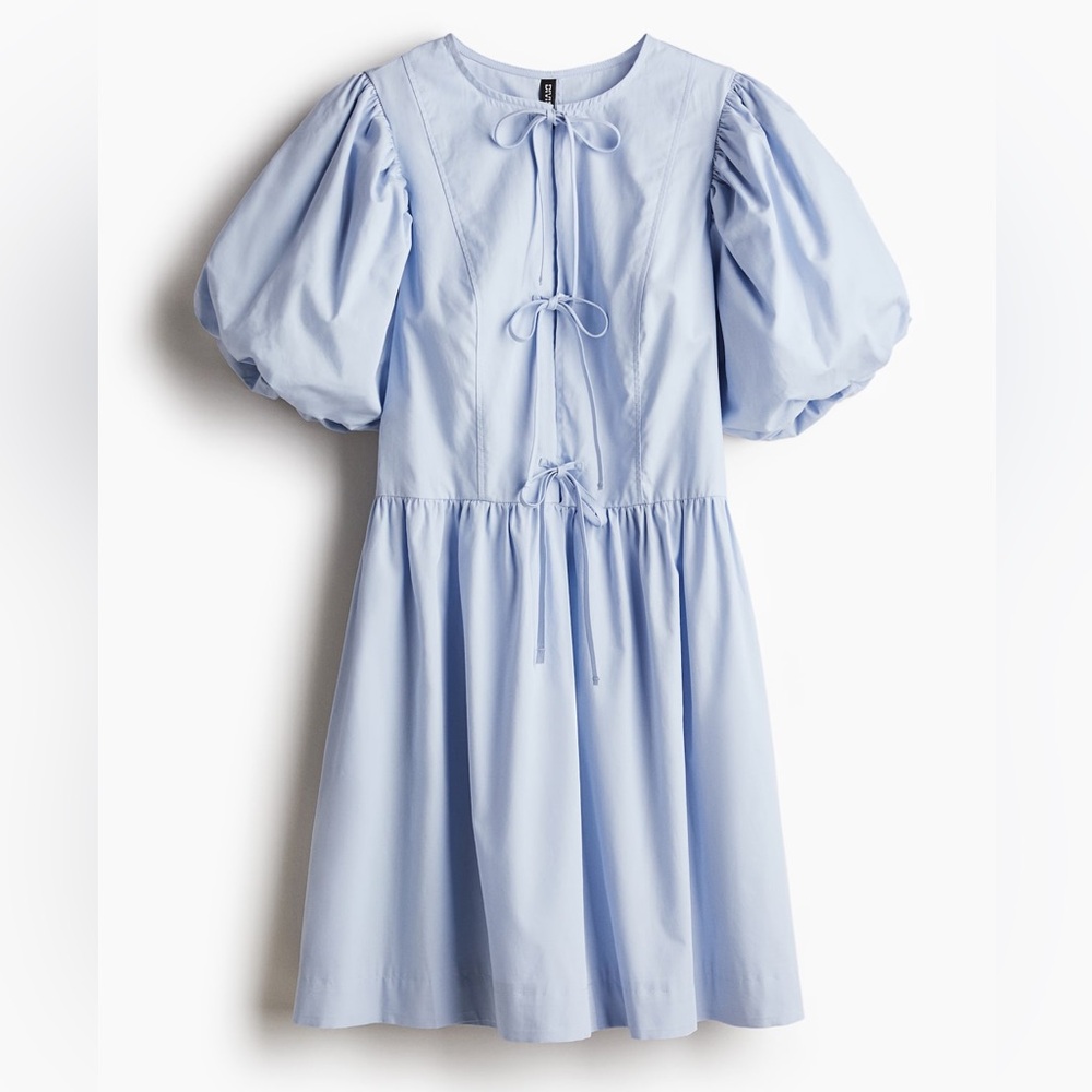 H&M Light Blue Puff-Sleeve Tie-Front Mini Dress | Women’s M